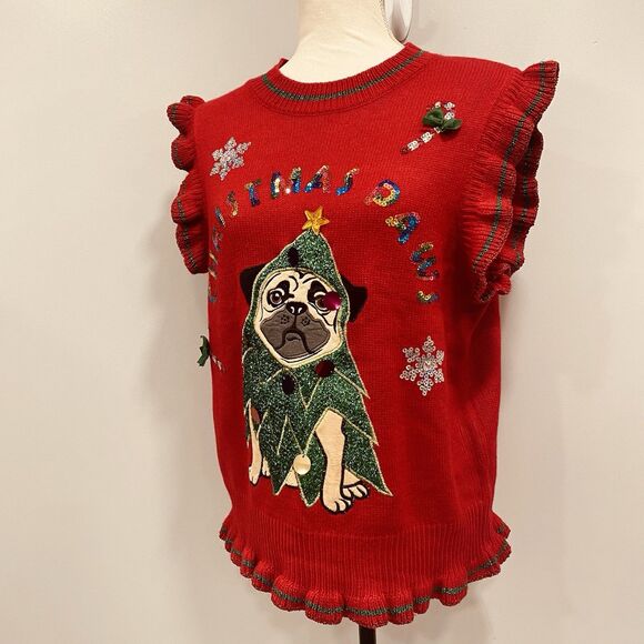 UGLY CHRISTMAS Sweater Vest M Pug Dog Embellished Sequin Metallic Knit Holiday - Picture 6 of 16